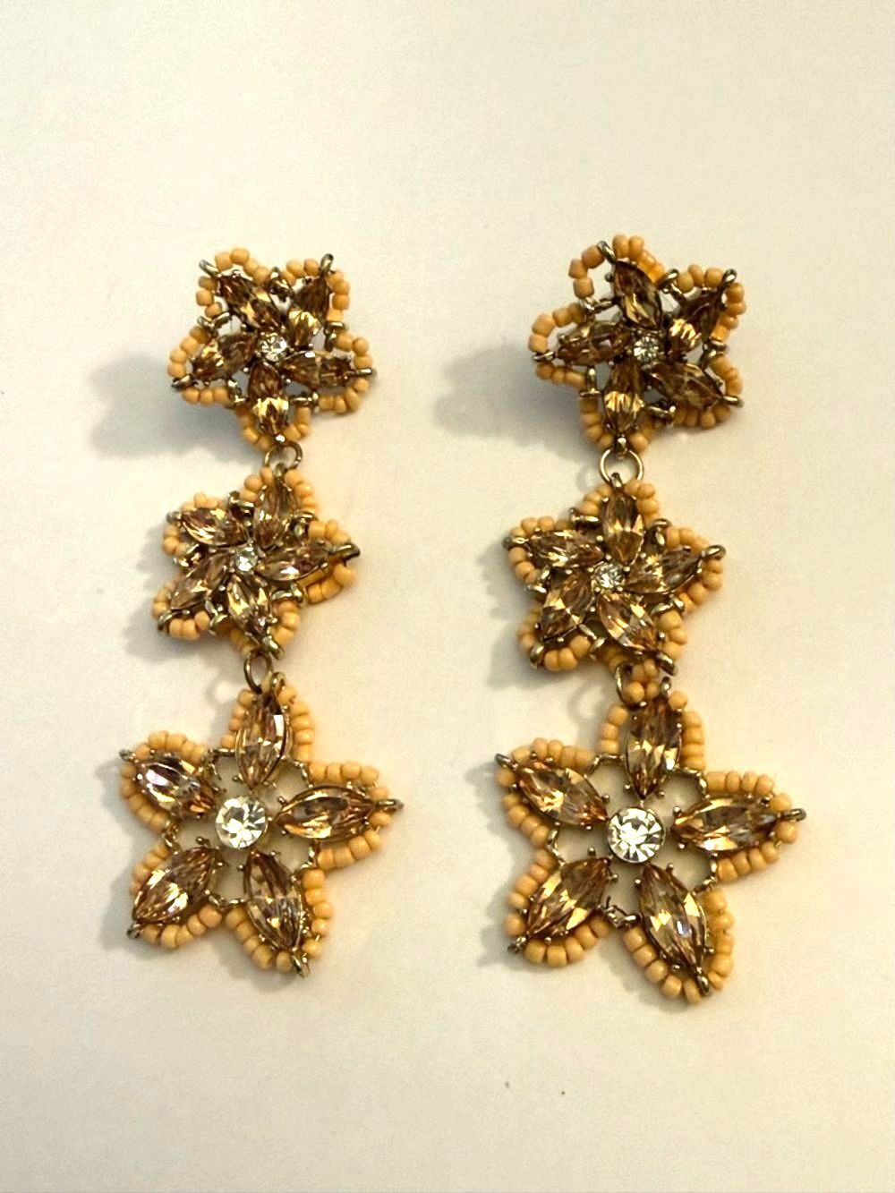 Peach Beaded Floral Drop Statement Earrings